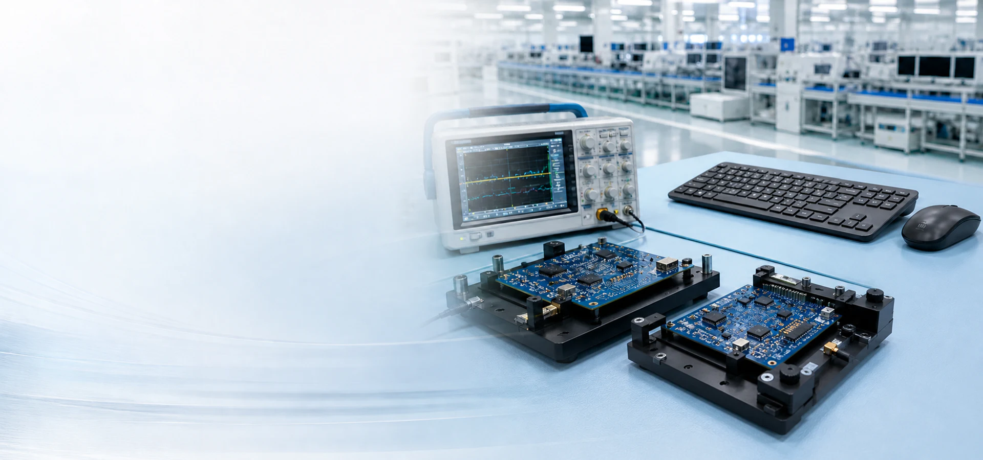 PCBA、测试仪器、产品样机与装配治具组成的工程验证台