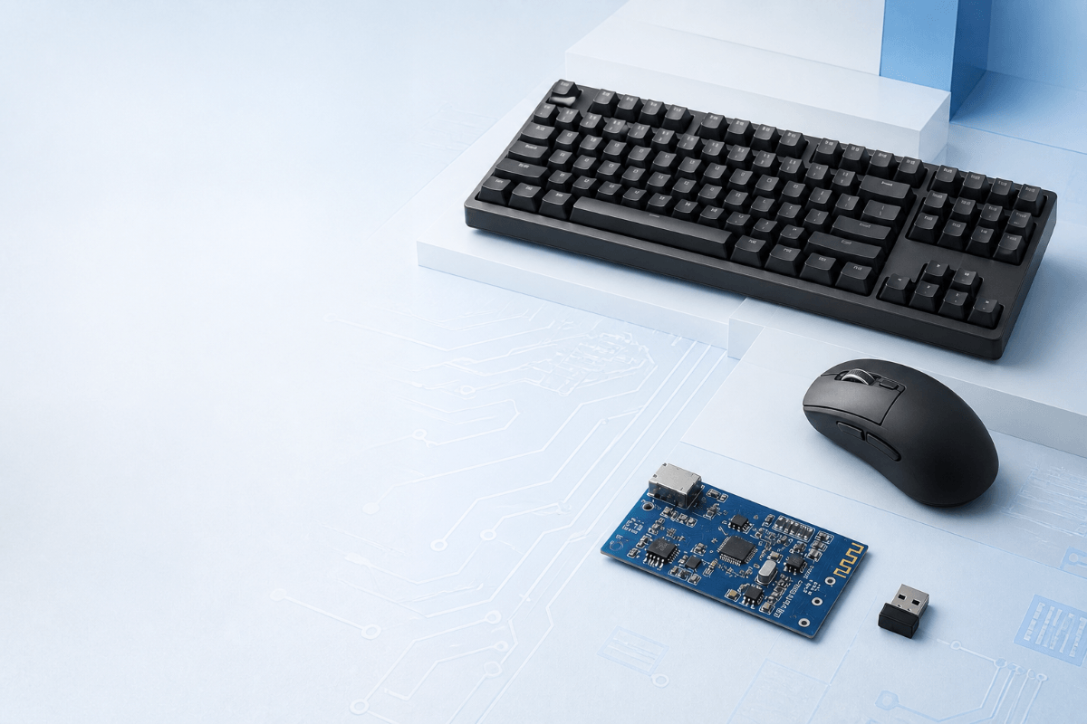 FR2012A dual-1K production solution with a full-size mechanical keyboard, wireless mouse, 2.4G receiver, and production-ready blue PCB